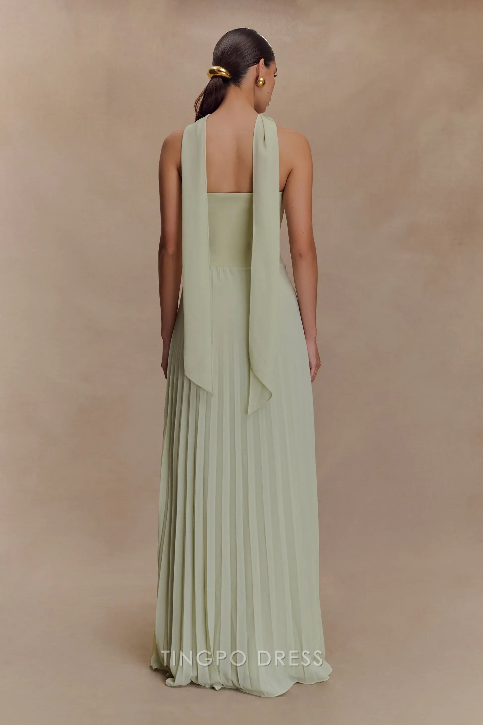 Elegant Sheath/Column Strapless Tie Neck Pleated Floor-Length Maxi Dress Prom Dress